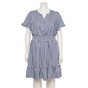 Croft & Barrow Navy White Gingham Smocked Waist Challis Plus Size 3X Dress